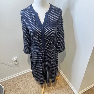 Navy Blue & White Print Dress 3/4 Sleeve Button Down Tie Waist Casual